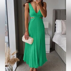 Green Pleated Cut-Out Dress